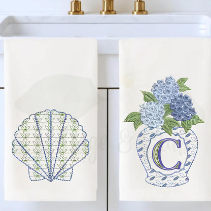 Coastal Beach House Chinoiserie Hydrangea, Crab or Seashell Bathroom Hand Towels For The Bathroom & Powder Room