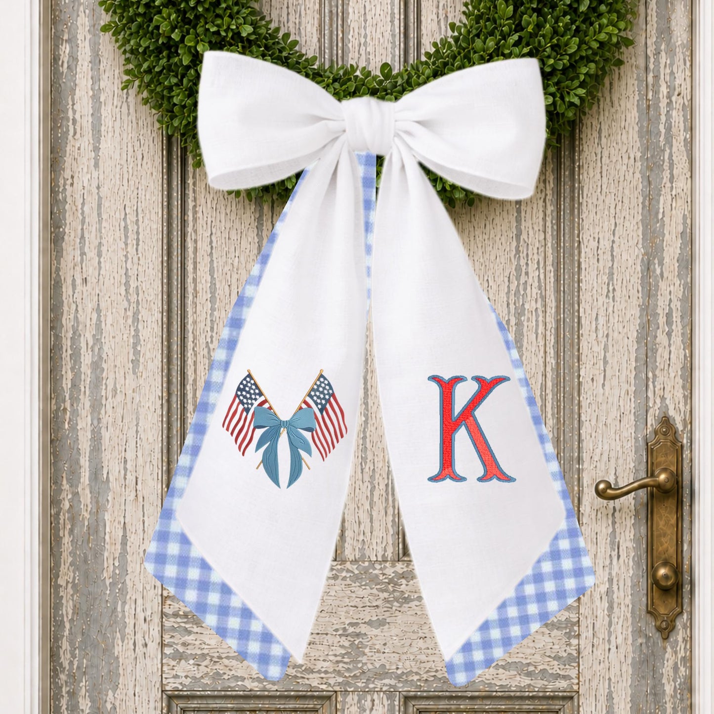 4th of July Independence Day Patriotic Nantucket Hydrangea Personalized Embroidered Monogrammed Wreath Sash