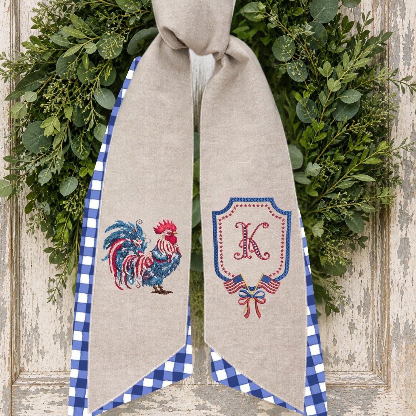 4th of July Independence Day Patriotic Nantucket Hydrangea Personalized Embroidered Monogrammed Wreath Sash