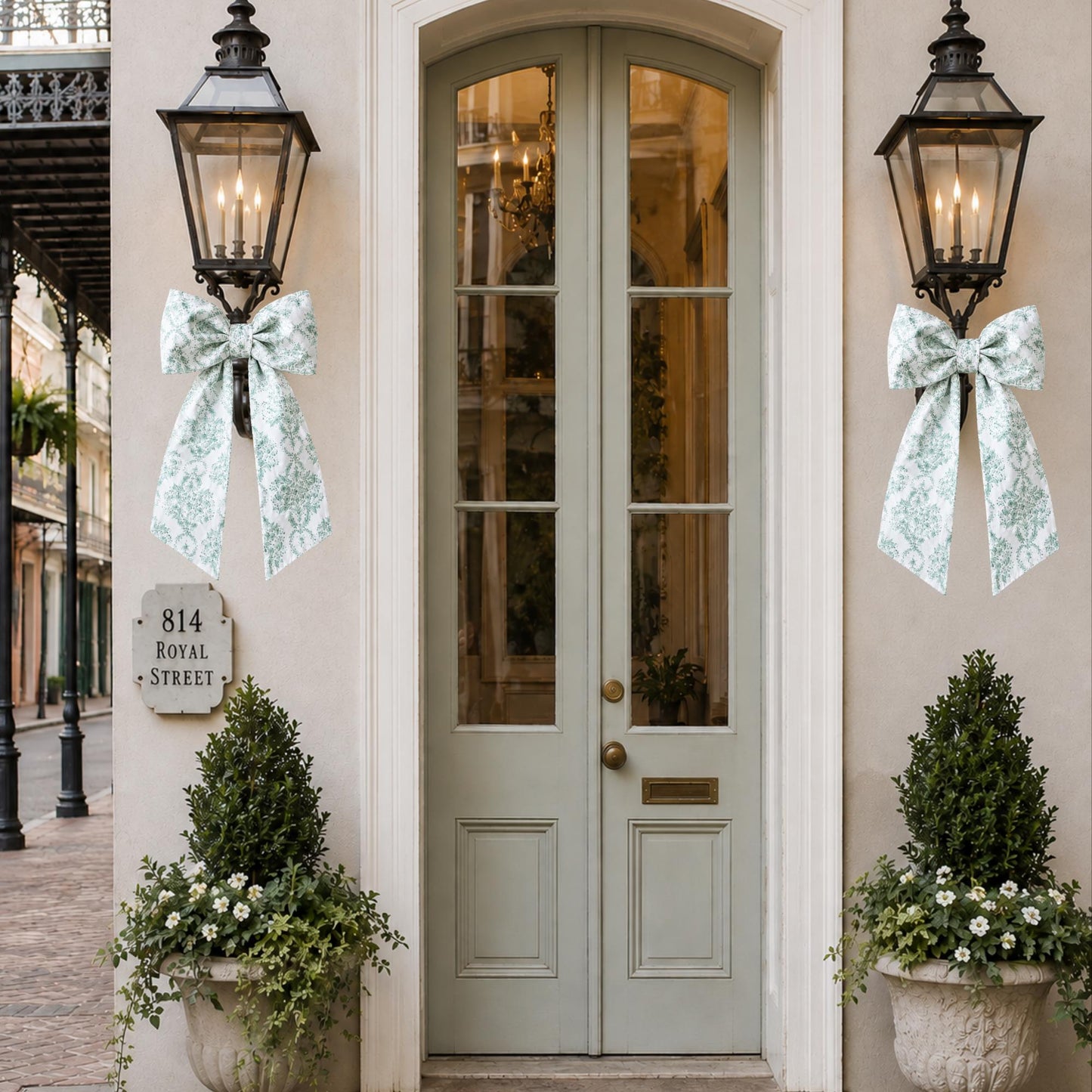 Sage Toile Embroidered Monogramed Gift Basket Sash, Wreath Sash, Porch Sash: Chinoiserie Summer Decor