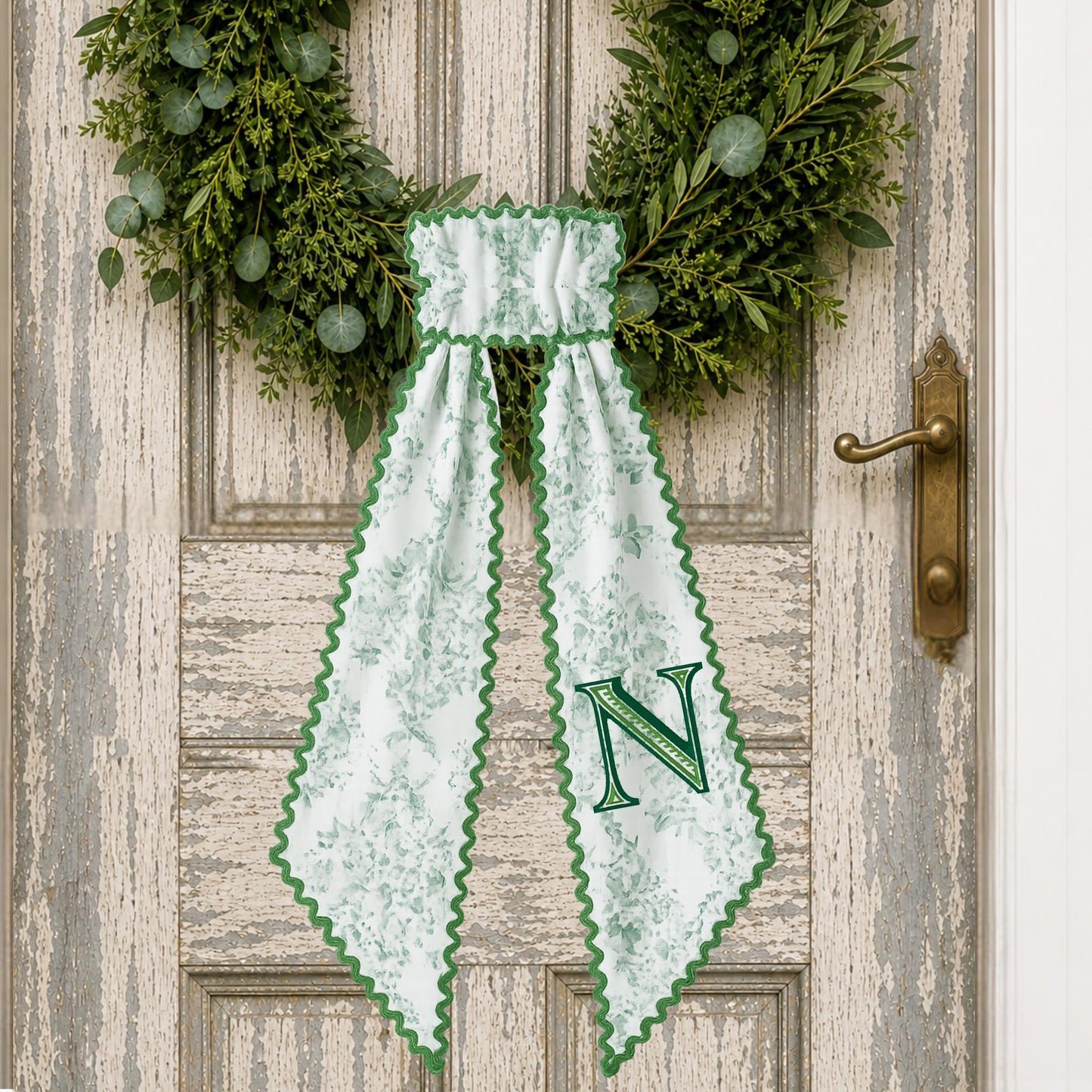 Sage Toile Embroidered Monogramed Wreath Sash, Gift Basket Sash, Porch Sash: Chinoiserie Summer Decor