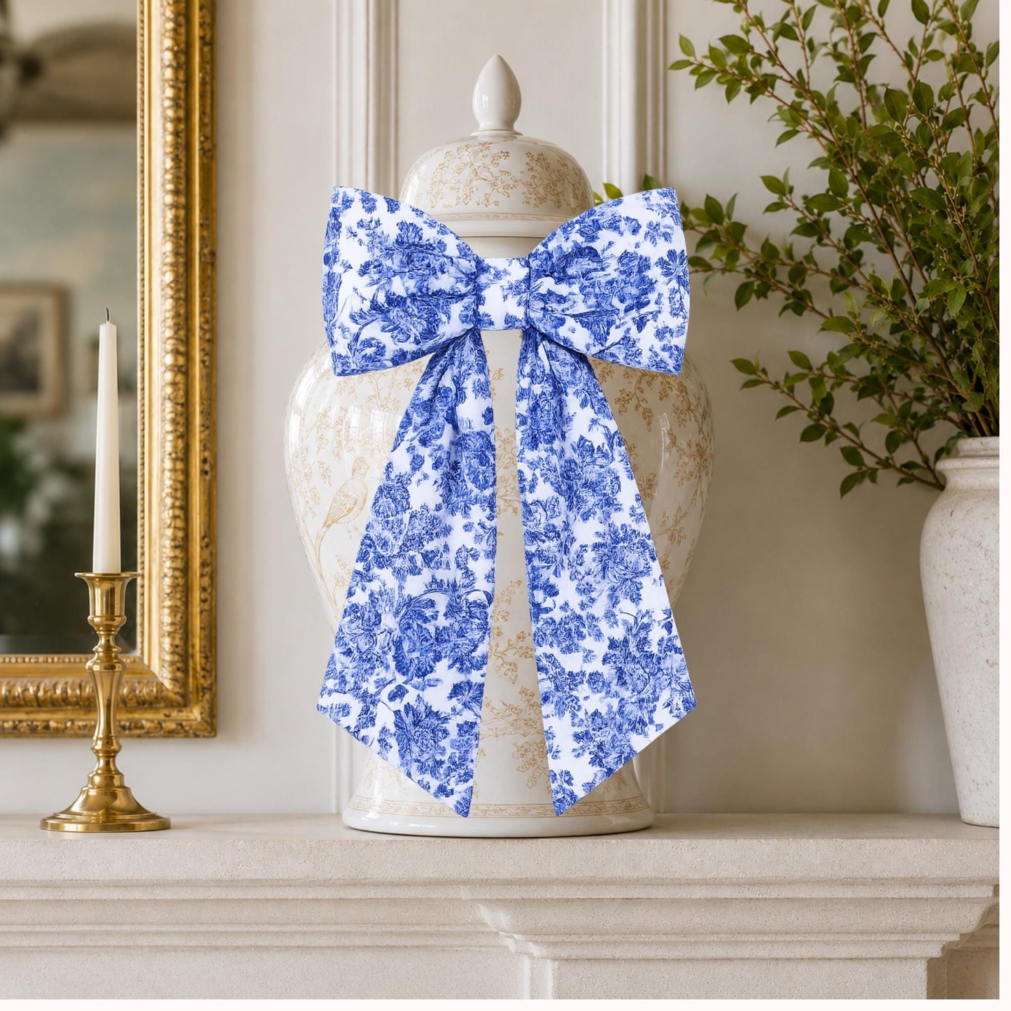 Blue Toile Wreath Sash: Personalizable Chinoiserie Summer Porch Decor
