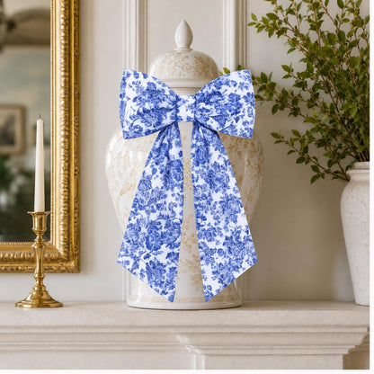 Blue Toile Wreath Sash: Personalizable Chinoiserie Summer Porch Decor