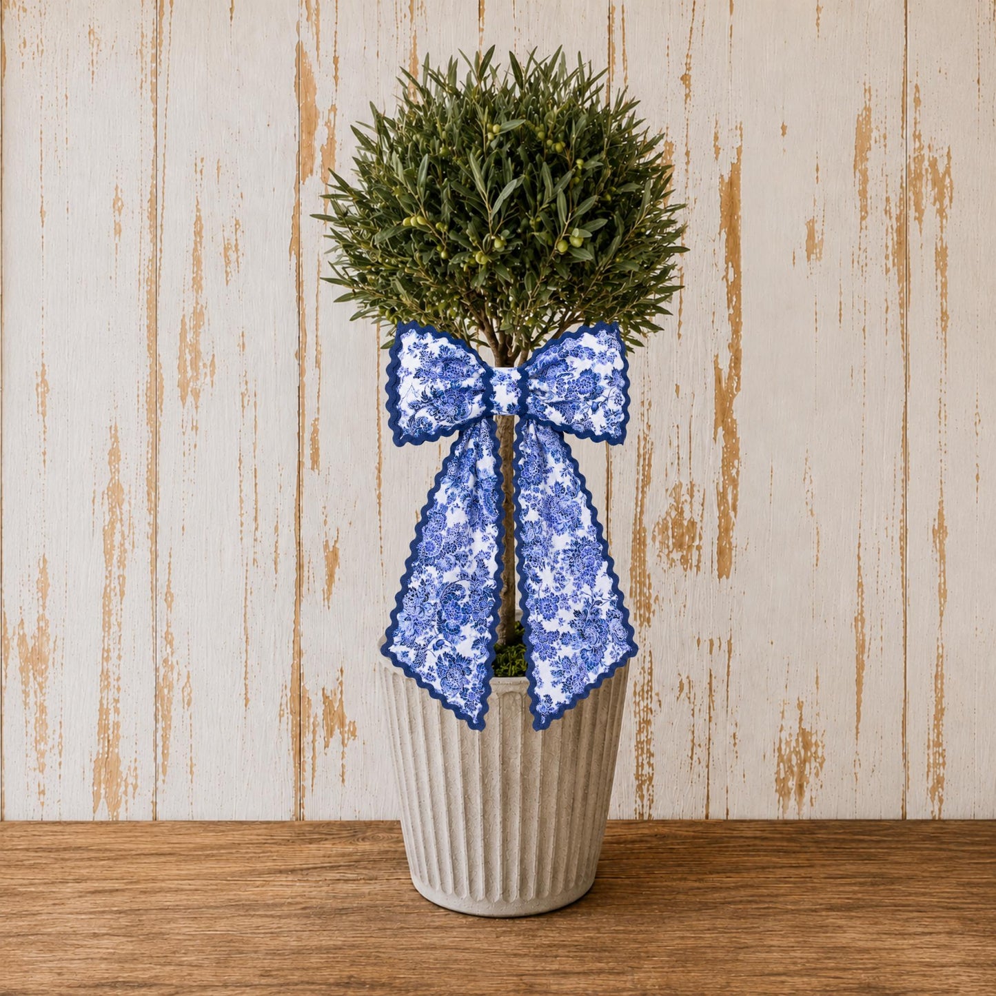Blue Toile Wreath Sash: Personalizable Chinoiserie Summer Porch Decor