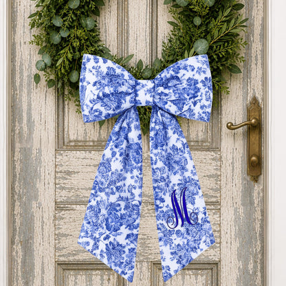 Blue Toile Wreath Sash: Personalizable Chinoiserie Summer Porch Decor