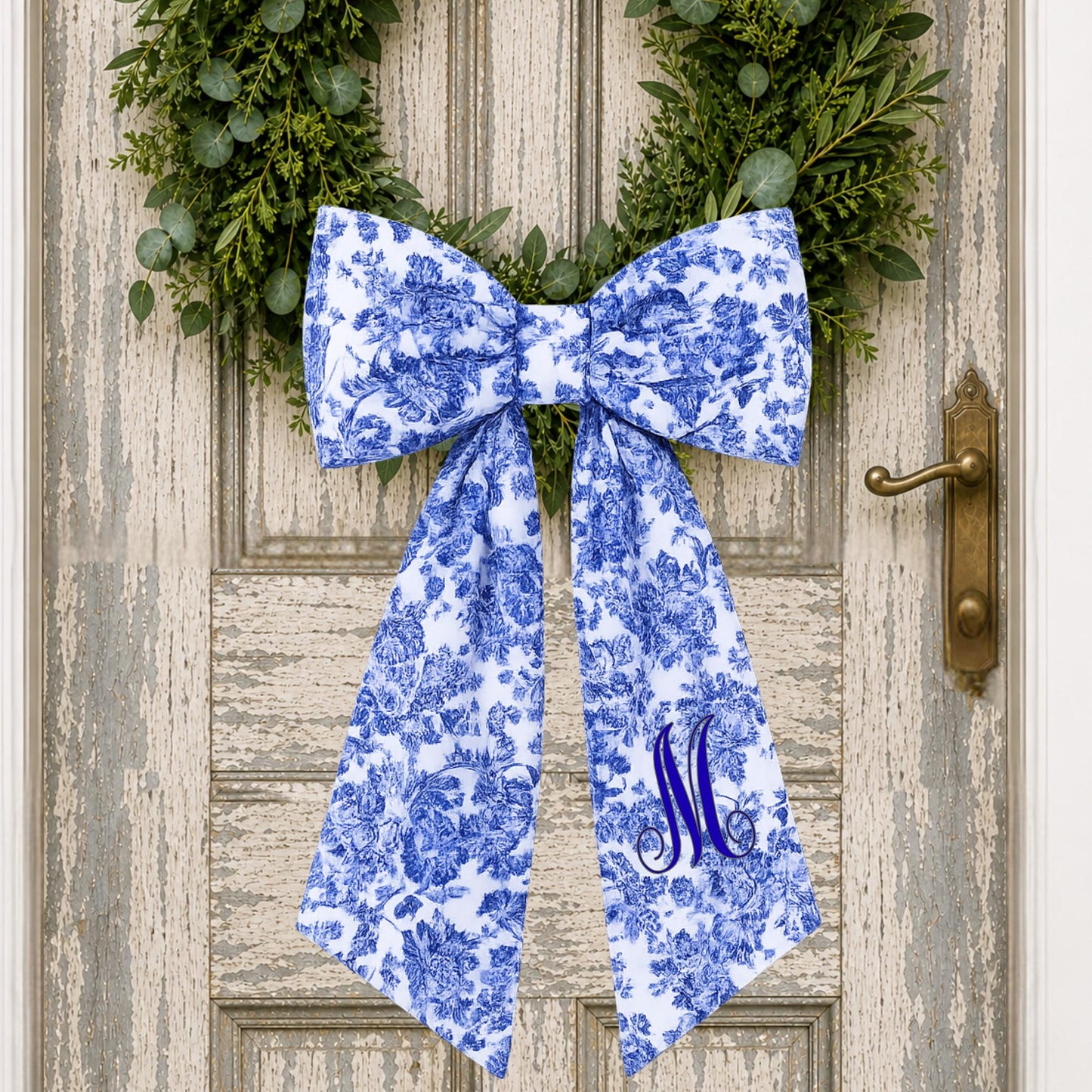 Blue Toile Wreath Sash: Personalizable Chinoiserie Summer Porch Decor