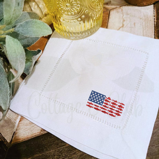 Patriotic Linen Hemstitch Personalized Cocktail Drink Napkins - Set of 4