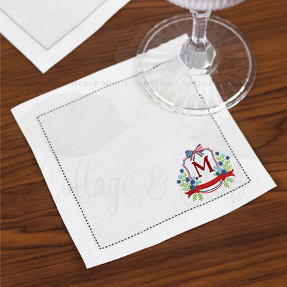 American Patriotic Independence Day Linen Hemstitch Personalized Cocktail Drink Napkins - Set of 4