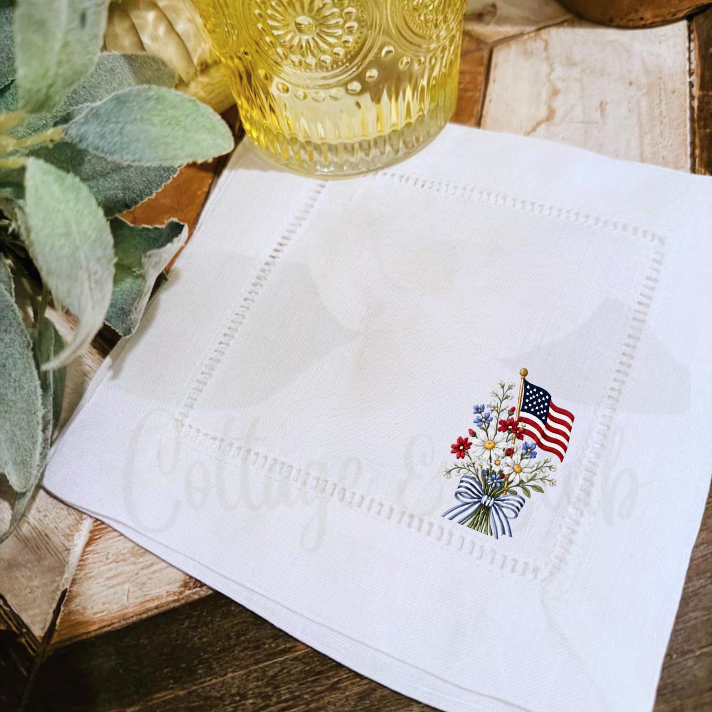 American Patriotic Independence Day Linen Hemstitch Personalized Cocktail Drink Napkins - Set of 4