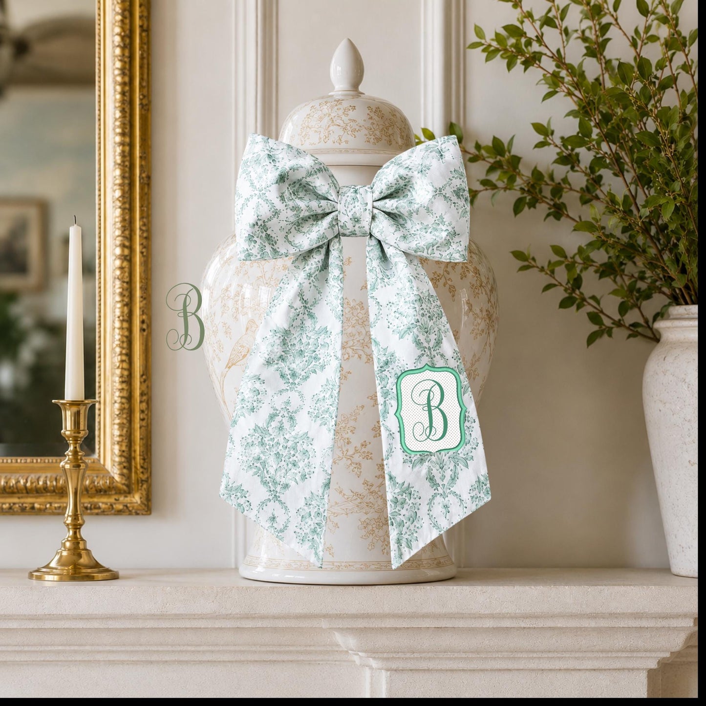 Sage Toile Embroidered Monogramed Wreath Sash, Gift Basket Sash, Porch Sash: Chinoiserie Summer Decor