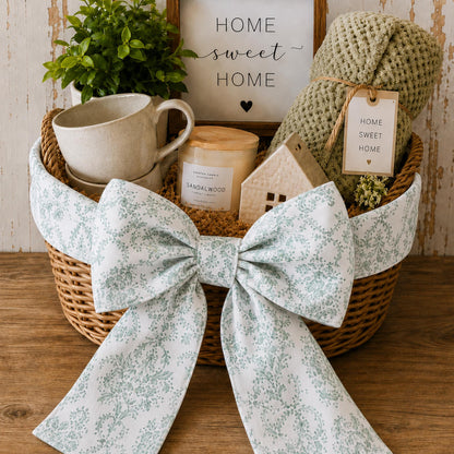 Sage Toile Embroidered Monogramed Wreath Sash, Gift Basket Sash, Porch Sash: Chinoiserie Summer Decor