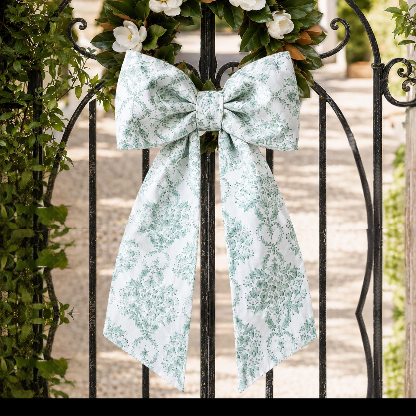 Sage Toile Embroidered Monogramed Wreath Sash, Gift Basket Sash, Porch Sash: Chinoiserie Summer Decor