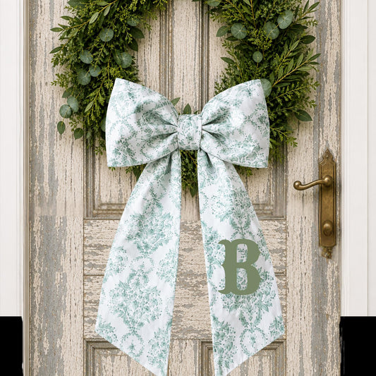 Sage Toile Embroidered Monogramed Wreath Sash
