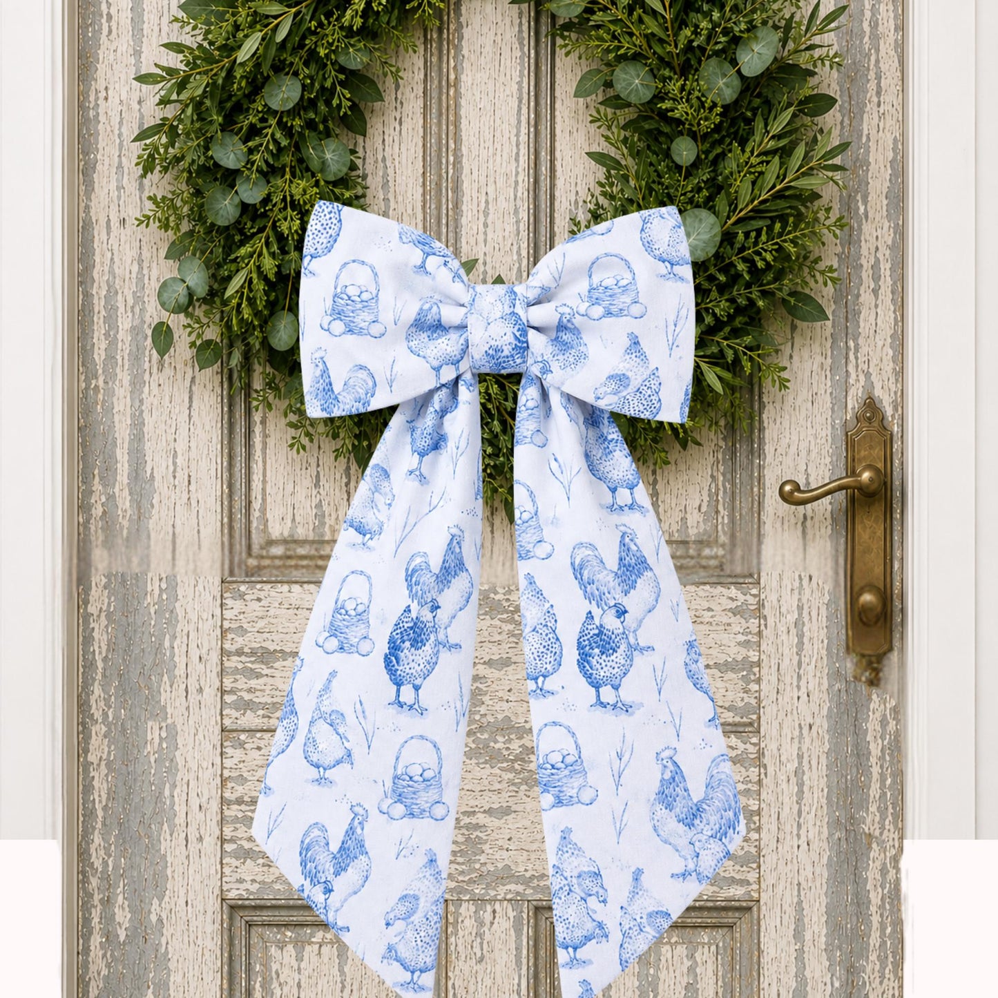 Chicken Farmhouse Blue Toile Embroidered Monogrammed Decorative Sash For Wreaths, Porch Lights, Gates, And Indoor decor