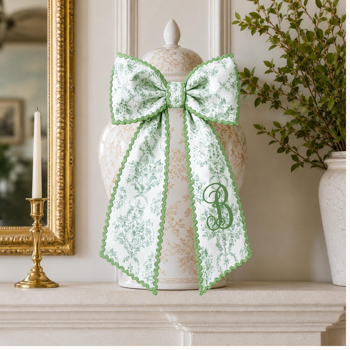 Sage Toile Embroidered Monogramed Gift Basket Sash, Wreath Sash, Porch Sash: Chinoiserie Summer Decor
