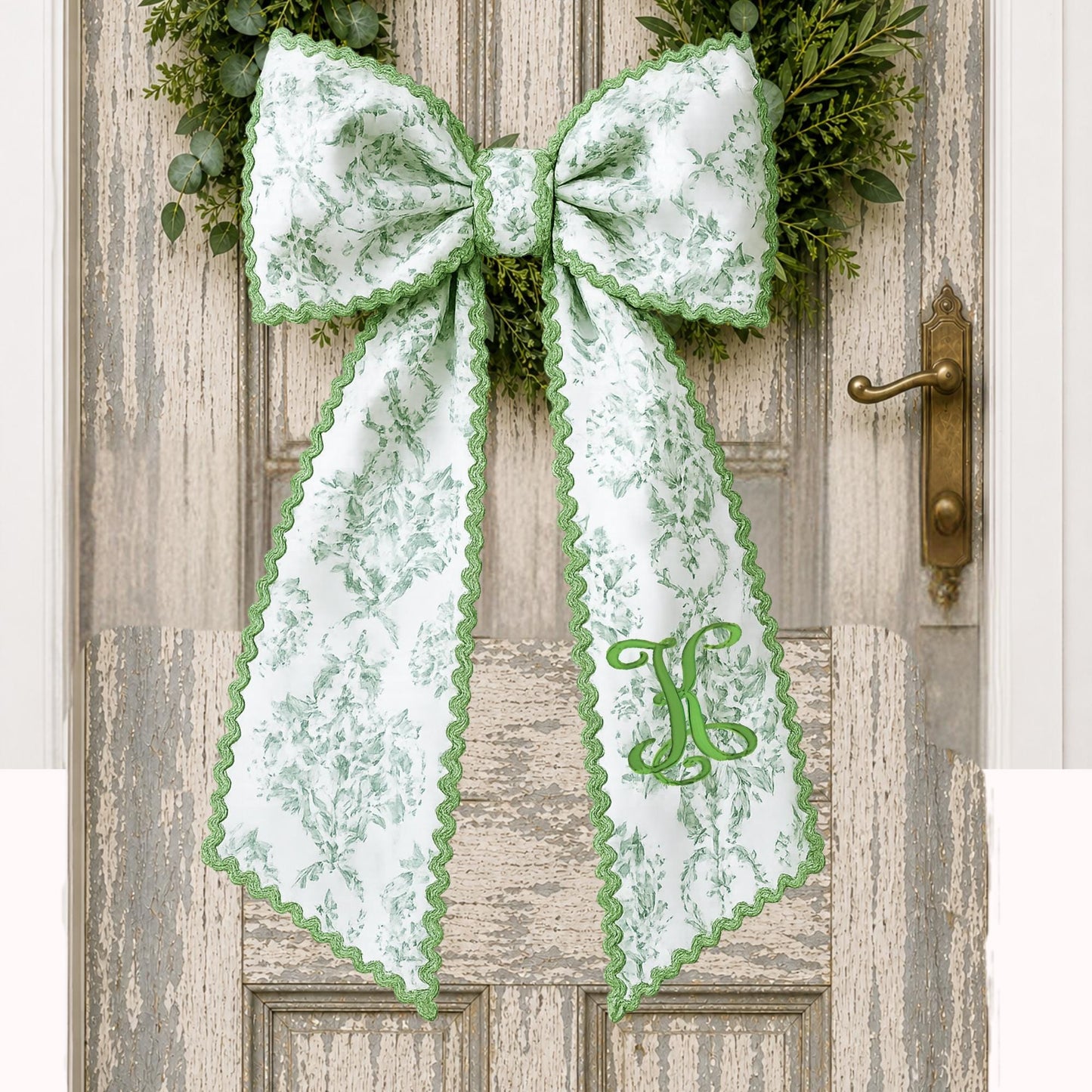 Sage Toile Embroidered Monogramed Wreath Sash, Gift Basket Sash, Porch Sash: Chinoiserie Summer Decor