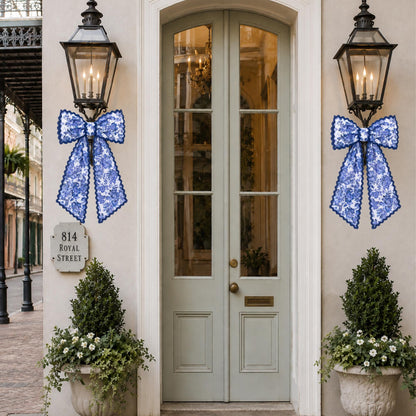 Blue Toile Wreath Sash: Personalizable Chinoiserie Summer Porch Decor
