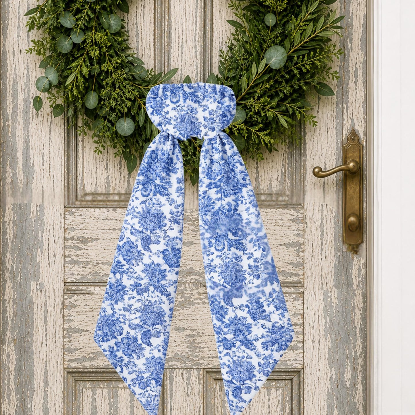 Blue Toile Wreath Sash: Personalizable Chinoiserie Summer Porch Decor