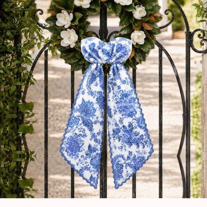 Blue Toile Wreath Sash: Personalizable Chinoiserie Summer Porch Decor