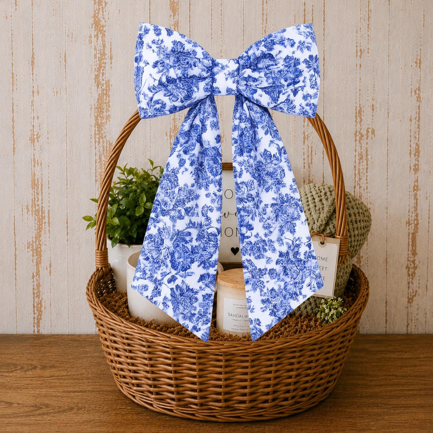 Blue Toile Wreath Sash: Personalizable Chinoiserie Summer Porch Decor