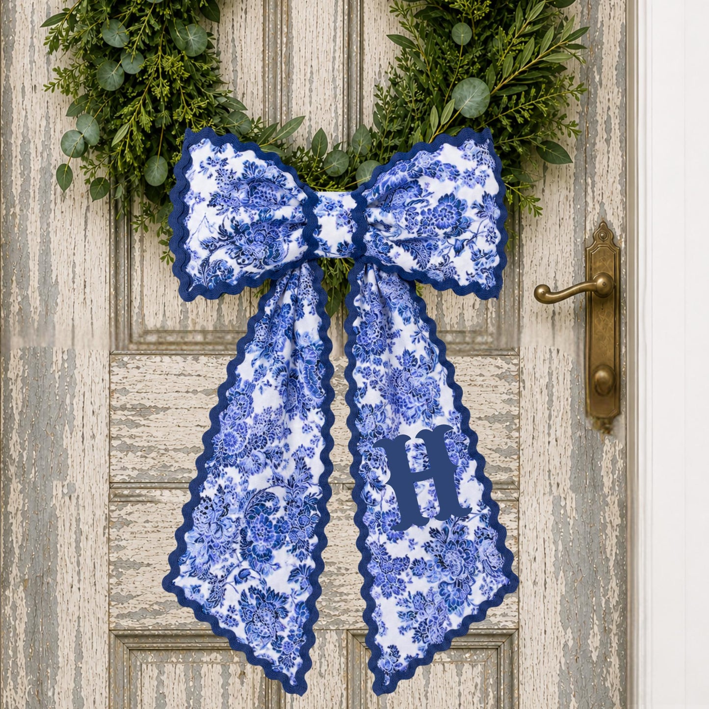 Blue Toile Wreath Sash: Personalizable Chinoiserie Summer Porch Decor