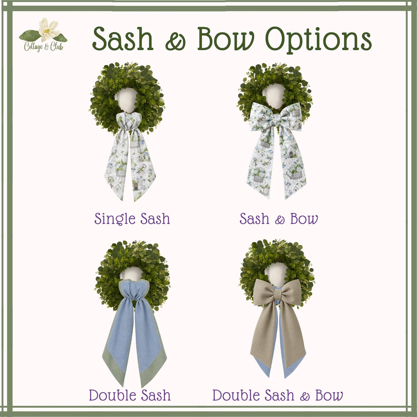 Blue Toile Wreath Sash: Personalizable Chinoiserie Summer Porch Decor