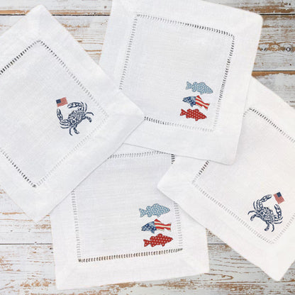 American Patriotic Independence Day Linen Hemstitch Personalized Cocktail Drink Napkins - Set of 4