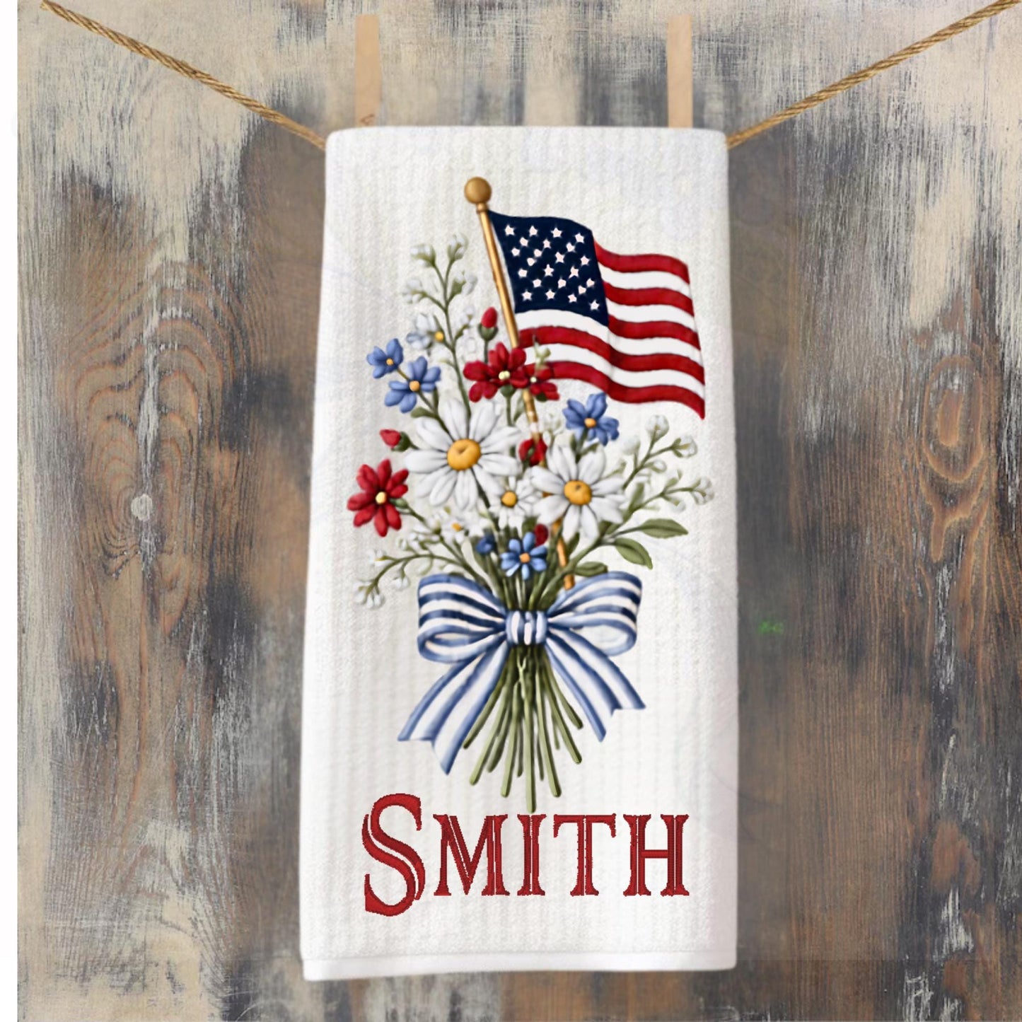 American Patriotic Independence Day Tea Towel Personalized Gift Preppy Kitchen Decor Hostess Birthday Gift For Her Personalized Dish Towel