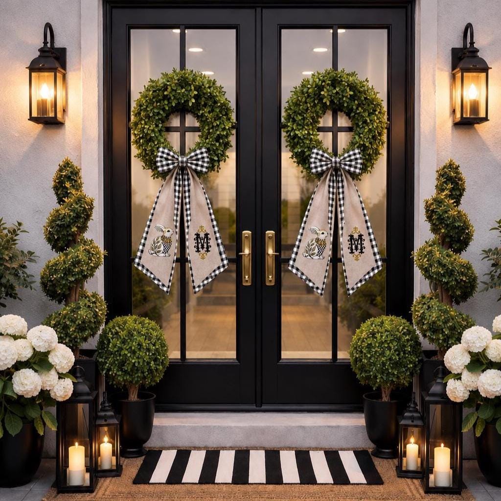 Black and White Check Embroidered Spring Wreath Sash