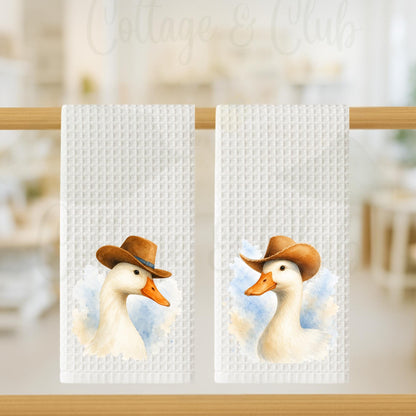 Western Kitchen Decor Cowboy Goose Tea Towel, Blue and White Farmhouse Towel, Funny Hostess Gift, Southern Home