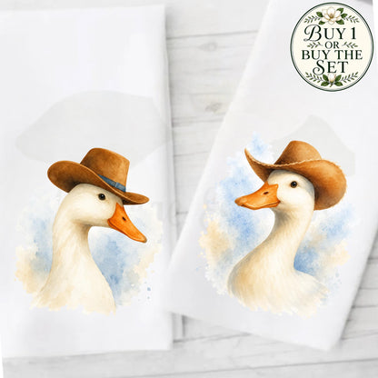 Western Kitchen Decor Cowboy Goose Tea Towel, Blue and White Farmhouse Towel, Funny Hostess Gift, Southern Home