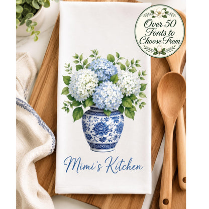 Blue and White Kitchen Decor Hydrangea Ginger Jar Tea Towel, Grand Millennial Hostess Gift, Southern Home