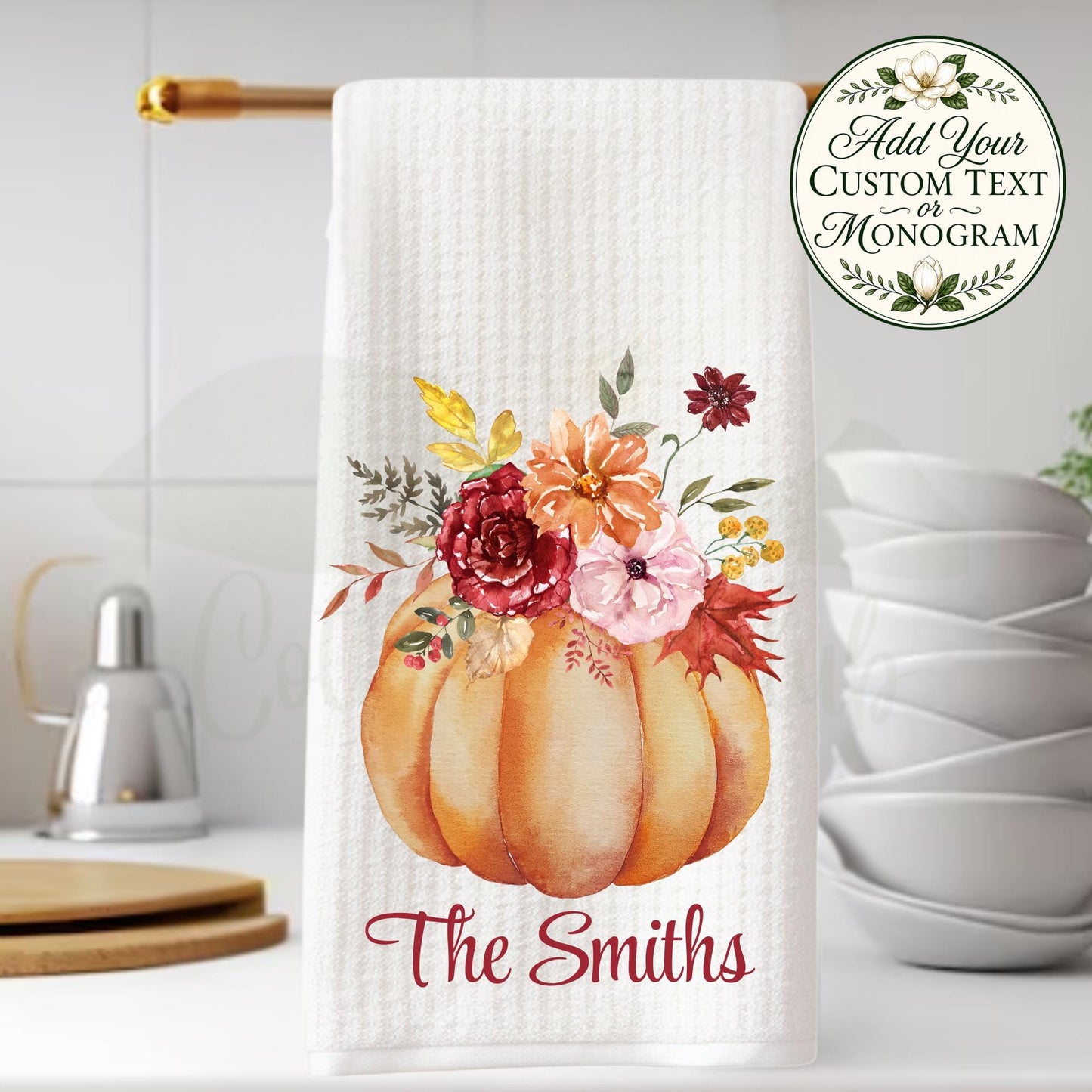 Fall Kitchen Decor Floral Pumpkin Tea Towel, Thanksgiving Hostess Gift, Autumn Waffle Weave Towel, Southern Home