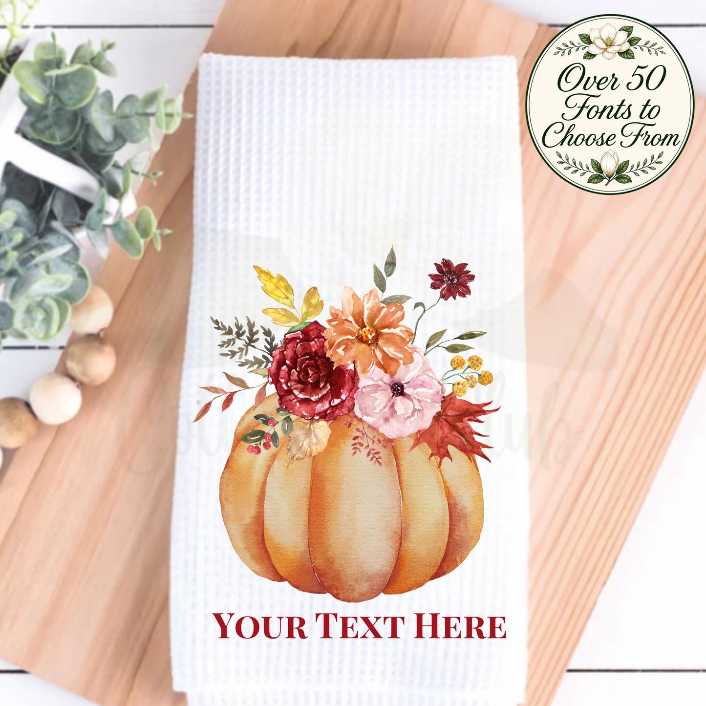 Fall Kitchen Decor Floral Pumpkin Tea Towel, Thanksgiving Hostess Gift, Autumn Waffle Weave Towel, Southern Home