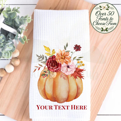 Fall Kitchen Decor Floral Pumpkin Tea Towel, Thanksgiving Hostess Gift, Autumn Waffle Weave Towel, Southern Home