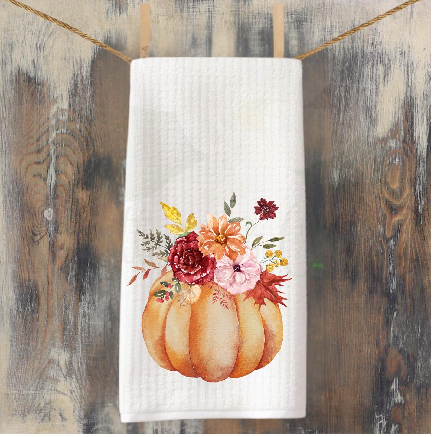 Fall Kitchen Decor Floral Pumpkin Tea Towel, Thanksgiving Hostess Gift, Autumn Waffle Weave Towel, Southern Home