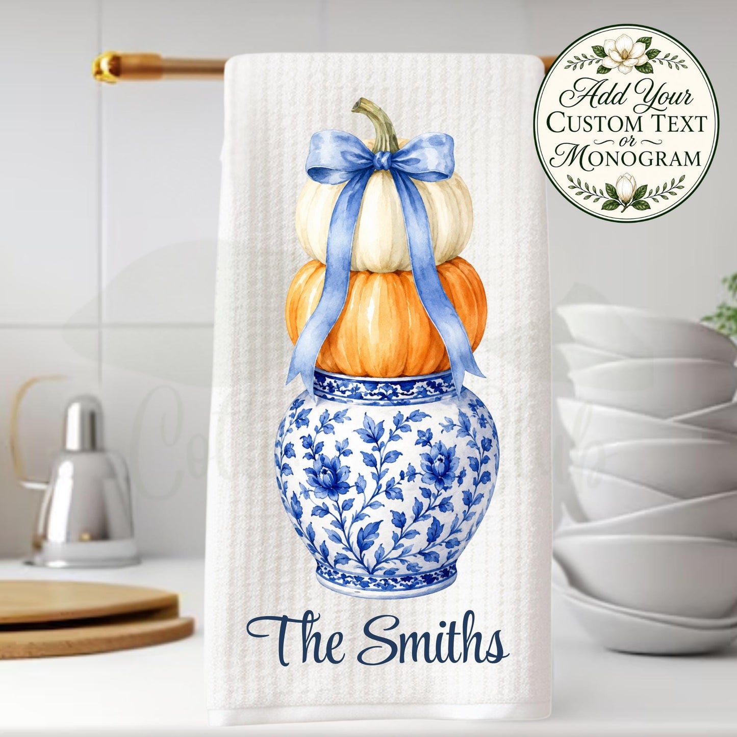 Blue and White Fall Kitchen Decor Pumpkin Ginger Jar Waffle Weave Tea Towel, Thanksgiving Hostess Gift, Grand Millennial Home