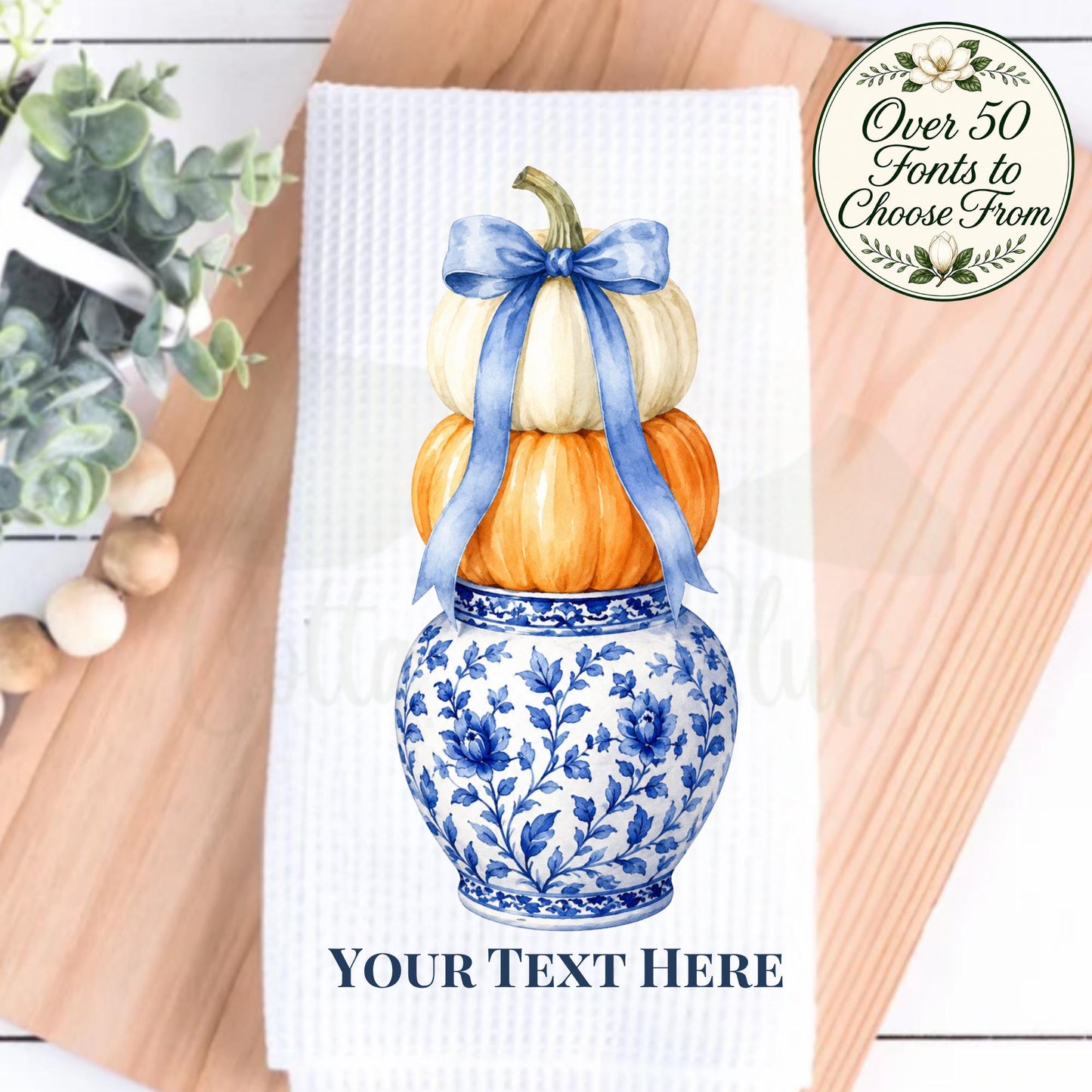 Blue and White Fall Kitchen Decor Pumpkin Ginger Jar Waffle Weave Tea Towel, Thanksgiving Hostess Gift, Grand Millennial Home