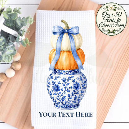 Blue and White Fall Kitchen Decor Pumpkin Ginger Jar Waffle Weave Tea Towel, Thanksgiving Hostess Gift, Grand Millennial Home