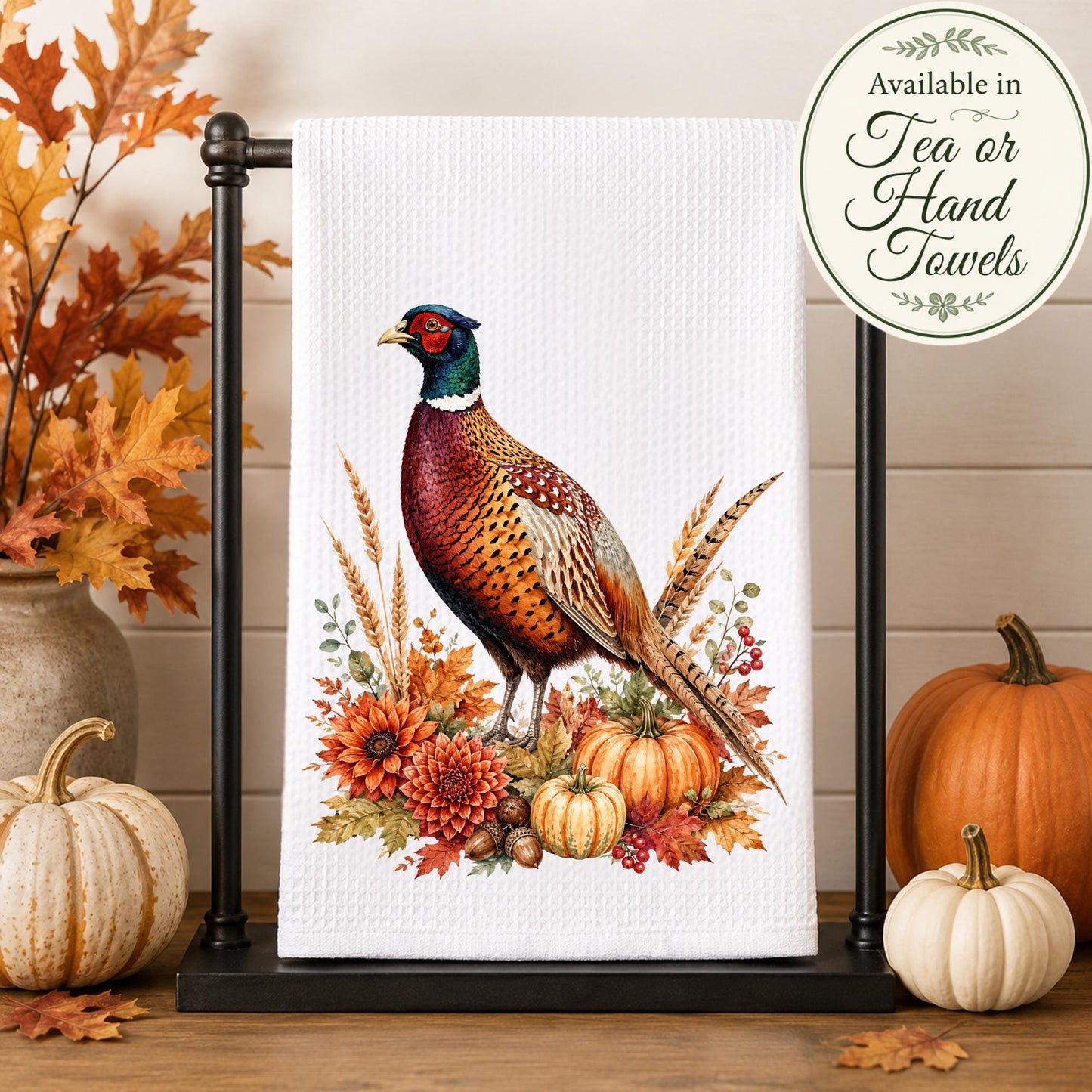 Fall Pheasant Tea Towel or Hand Towel, Traditional Autumn Kitchen and Powder Room Decor