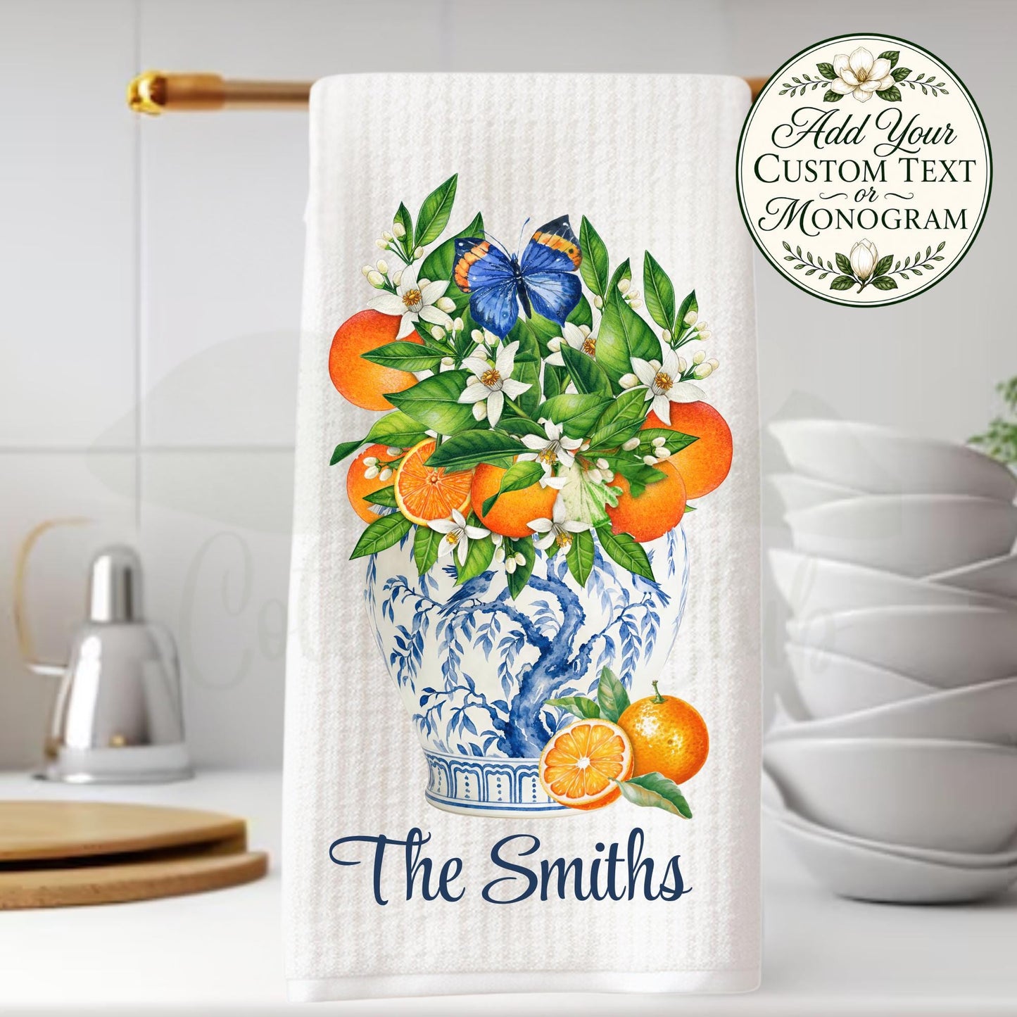 Blue and White Citrus Tea Towel, Orange Blossom Ginger Jar Kitchen Decor, Chinoiserie Hostess Gift, Southern Home