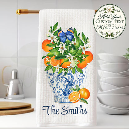 Blue and White Citrus Tea Towel, Orange Blossom Ginger Jar Kitchen Decor, Chinoiserie Hostess Gift, Southern Home