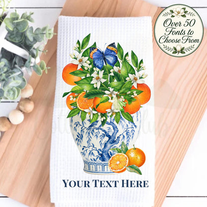 Blue and White Citrus Tea Towel, Orange Blossom Ginger Jar Kitchen Decor, Chinoiserie Hostess Gift, Southern Home