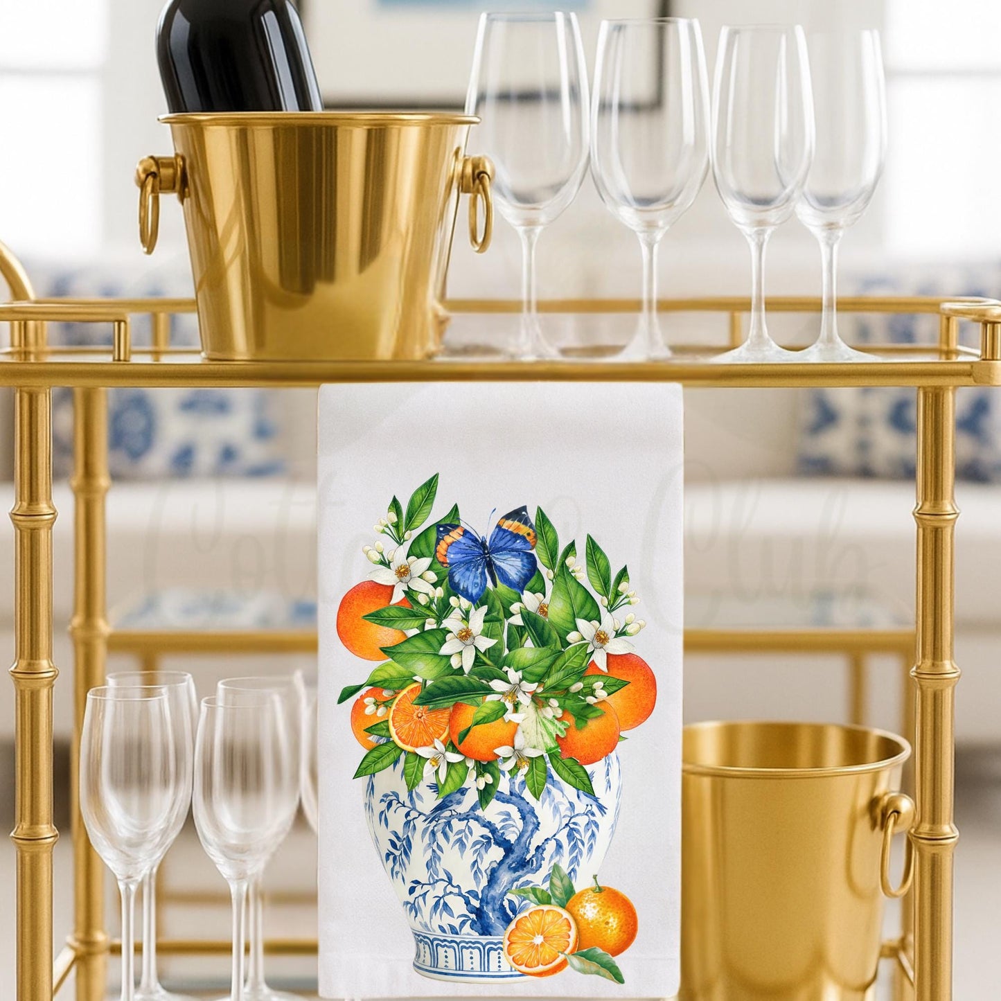 Blue and White Citrus Tea Towel, Orange Blossom Ginger Jar Kitchen Decor, Chinoiserie Hostess Gift, Southern Home