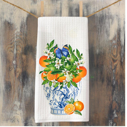 Blue and White Citrus Tea Towel, Orange Blossom Ginger Jar Kitchen Decor, Chinoiserie Hostess Gift, Southern Home