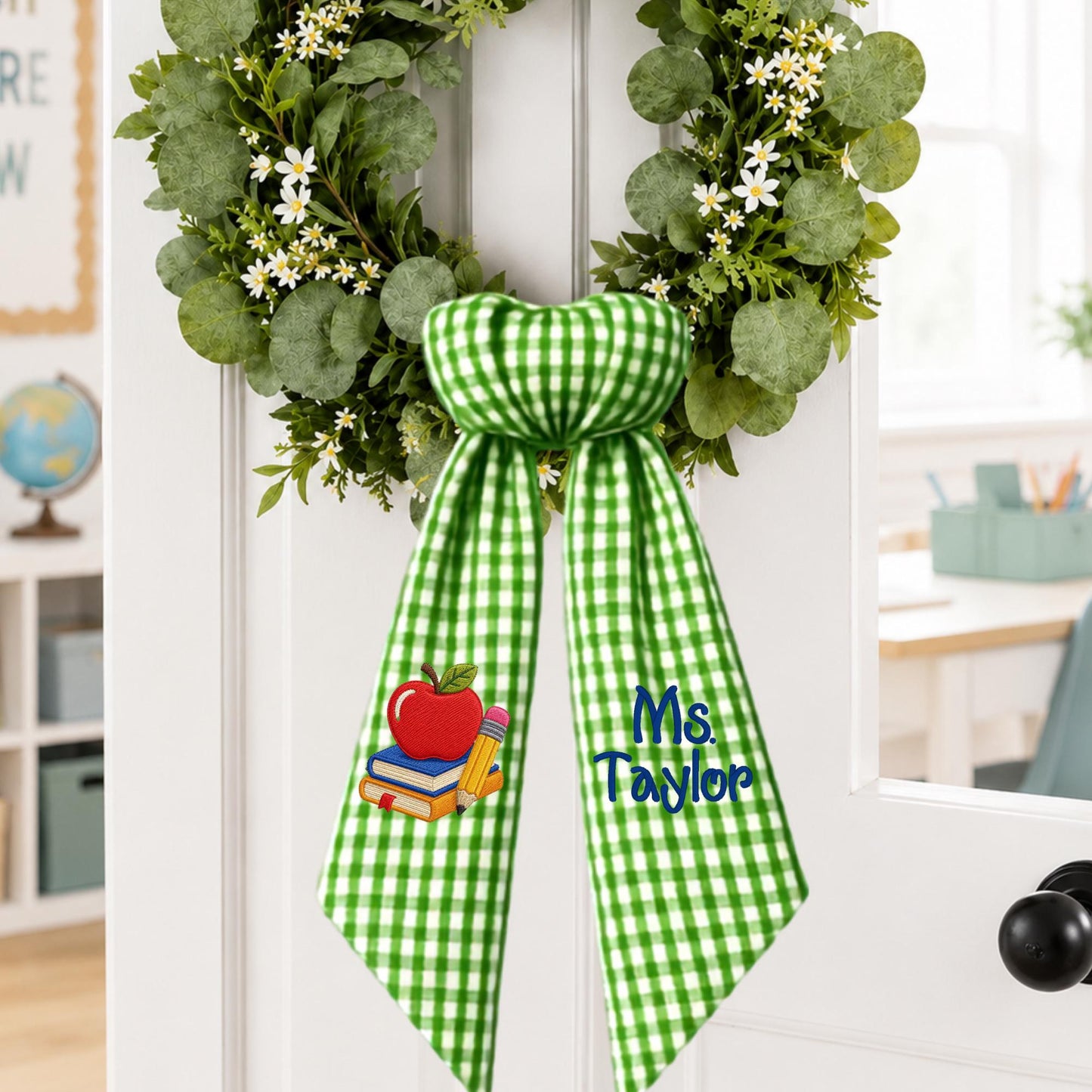 Personalized Teacher Wreath Sash, Gingham Classroom Door Decor, Teacher Appreciation Gift, Custom School Bow with Optional Ric Rac