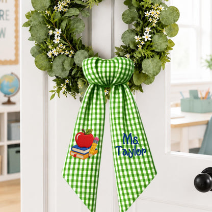 Personalized Teacher Wreath Sash, Gingham Classroom Door Decor, Teacher Appreciation Gift, Custom School Bow with Optional Ric Rac