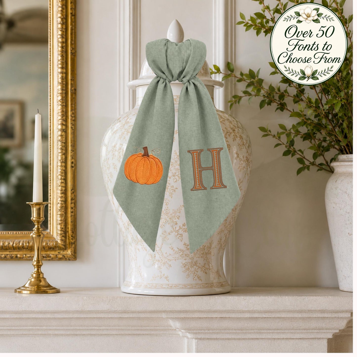 Personalized Fall Wreath Sash with Bow, Pumpkin Monogram Front Door Decor, Autumn Porch Decoration, Thanksgiving Hostess Gift