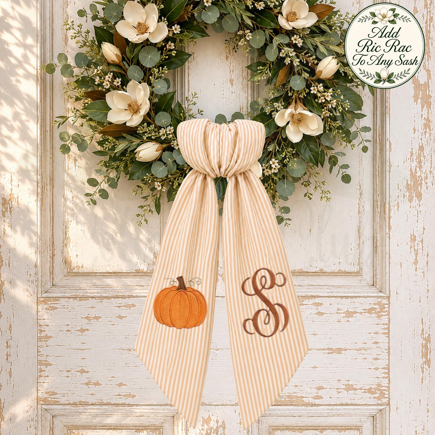 Personalized Fall Wreath Sash with Bow, Pumpkin Monogram Front Door Decor, Autumn Porch Decoration, Thanksgiving Hostess Gift