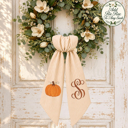 Personalized Fall Wreath Sash with Bow, Pumpkin Monogram Front Door Decor, Autumn Porch Decoration, Thanksgiving Hostess Gift
